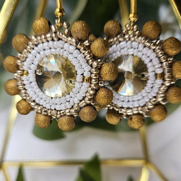 2/$27 | Gold Sparkle Shield Beaded Indigenous Native Hoop Earrings | Handmade - Picture 1 of 8